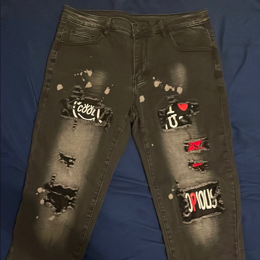 Black Distressed Jeans with Graphic Patches
